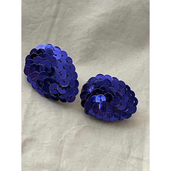 Vintage 80s Purplish-Blue Sequin Egg Shaped Earrings - Picture 7 of 8